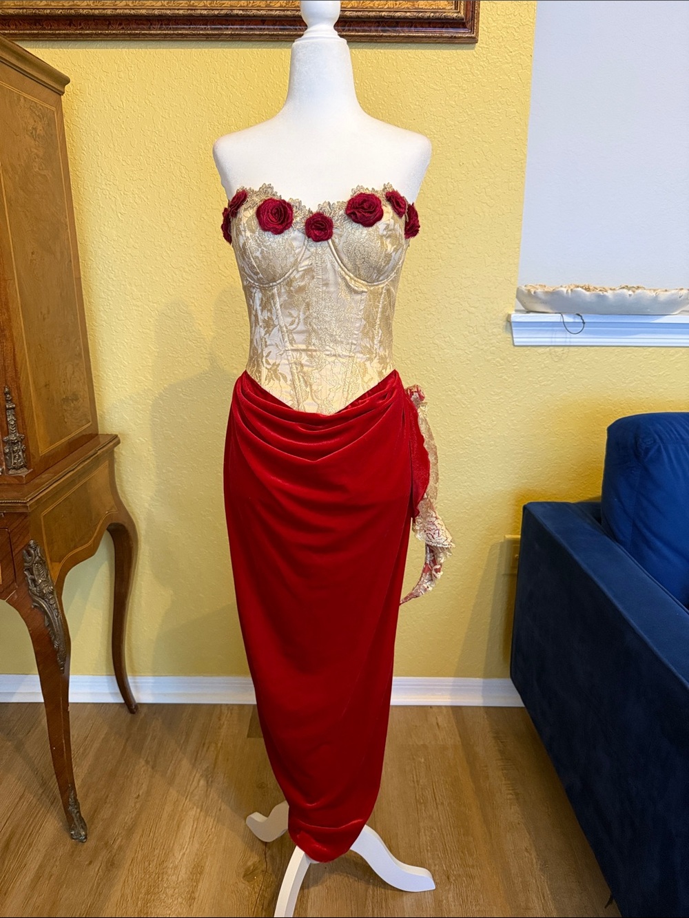 Red and Gold Floral-Trim Maxi Dress - Picture 4 of 10